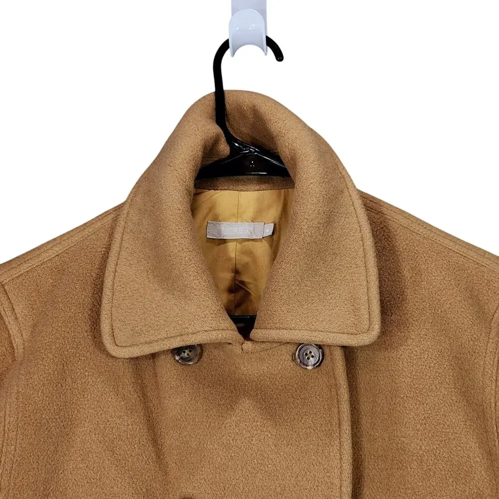 J Crew Pea Coat sz M Women Camel Beige‎ Wool Lined Double Breasted Pockets READ - Picture 8 of 14